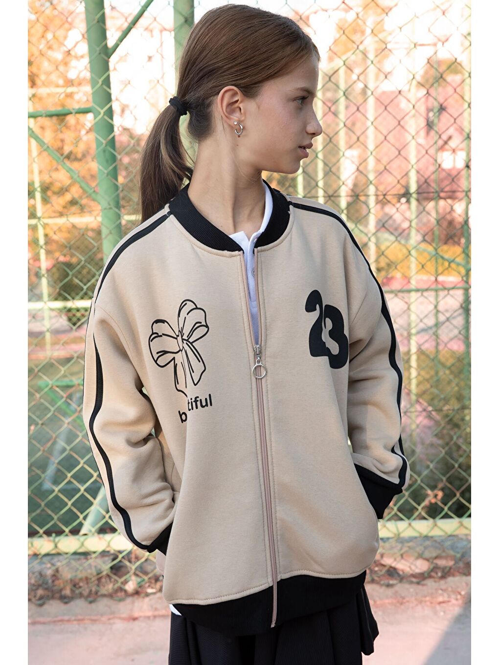 Bej Beautifull Yazılı Kolu Şeritli Kız Çocuk Kolej Hırka 21195-1
