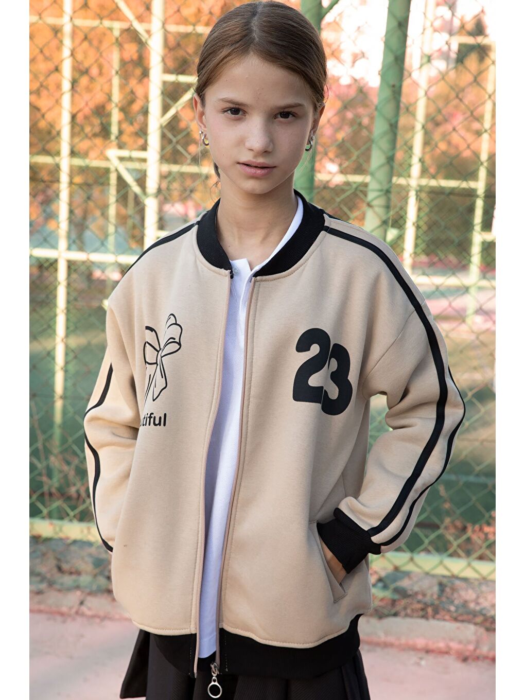 Bej Beautifull Yazılı Kolu Şeritli Kız Çocuk Kolej Hırka 21195-2