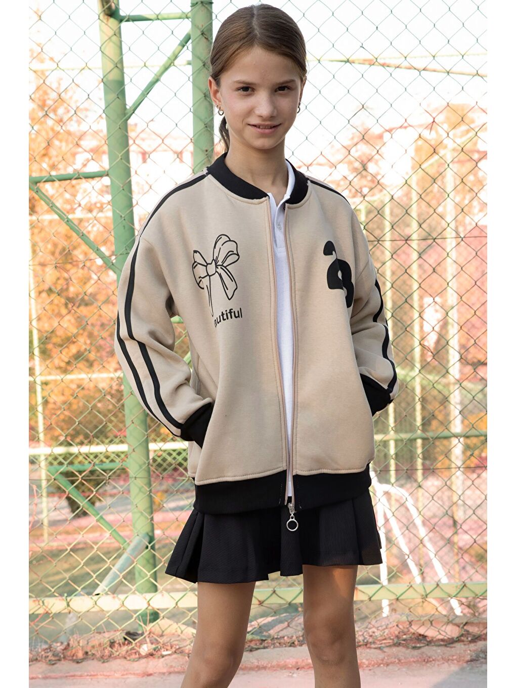 Bej Beautifull Yazılı Kolu Şeritli Kız Çocuk Kolej Hırka 21195-3