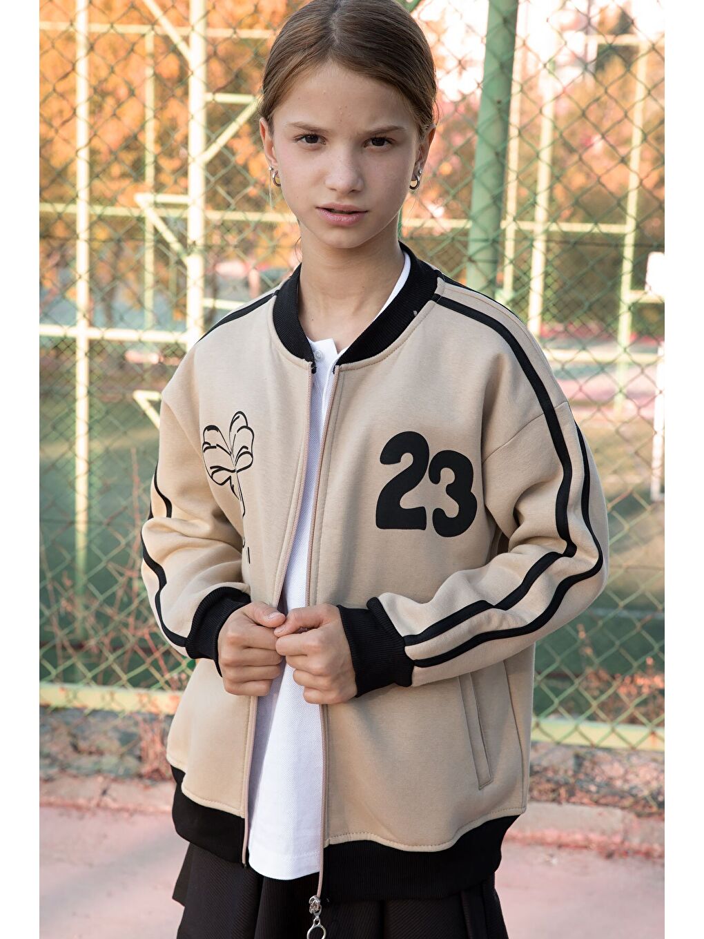 Bej Beautifull Yazılı Kolu Şeritli Kız Çocuk Kolej Hırka 21195-4