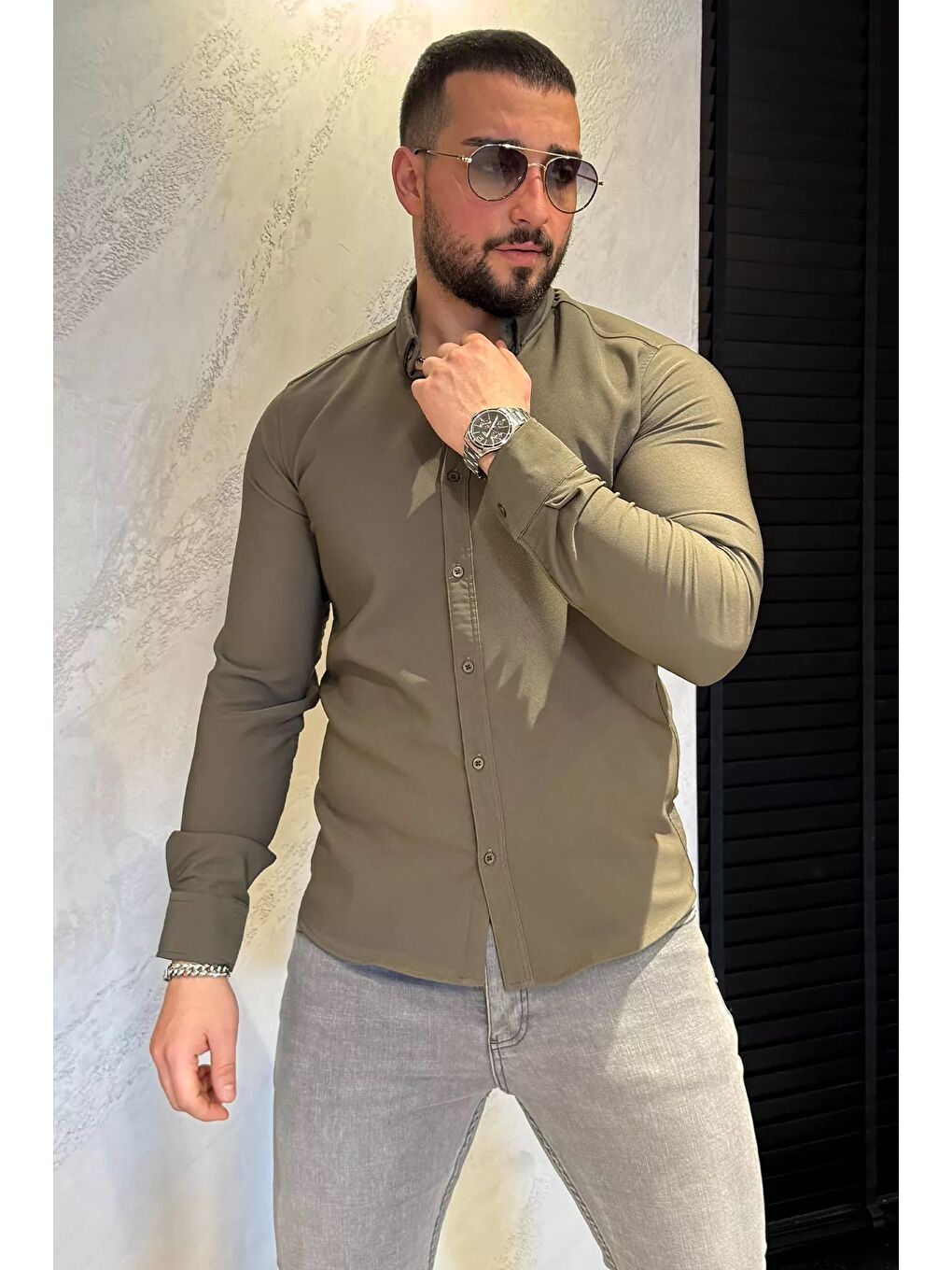 Haki Erkek Basic Gömlek-1