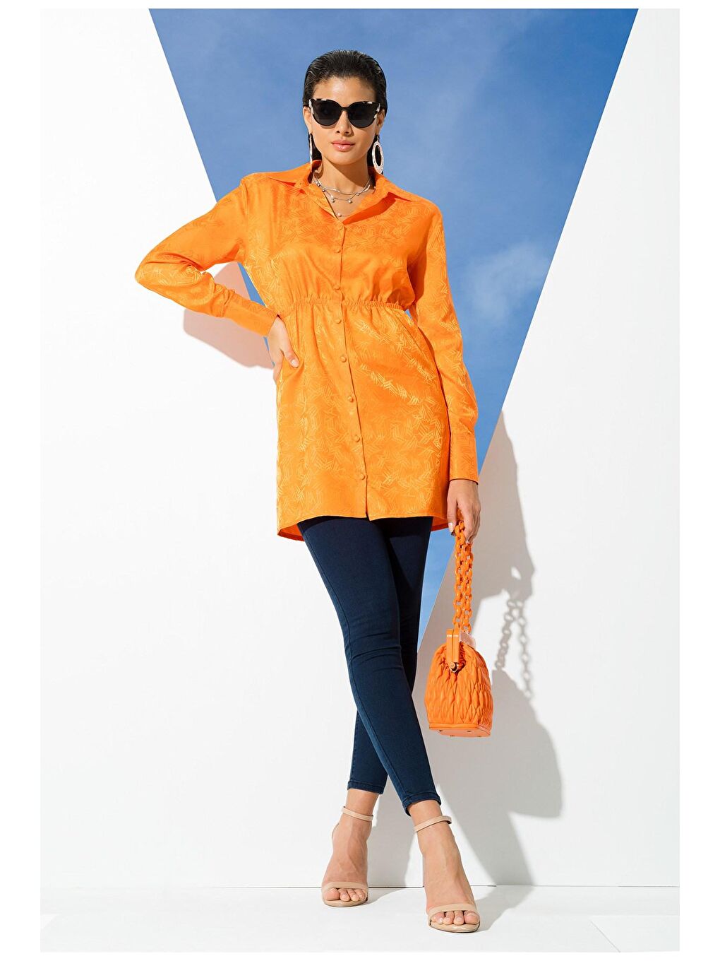 Saten Jakarlı Vatkalı Turuncu Gömlek-2