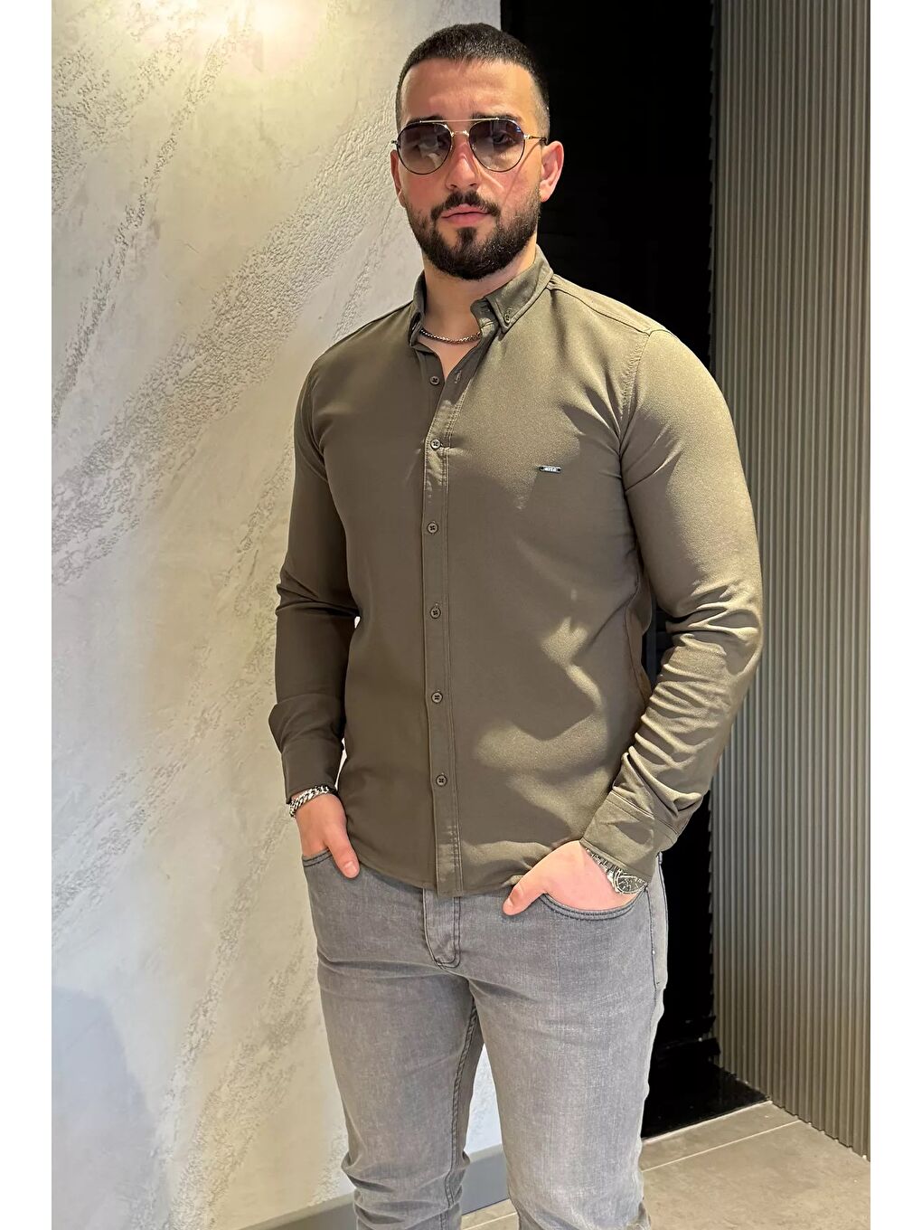 Haki Erkek Basic Gömlek-3