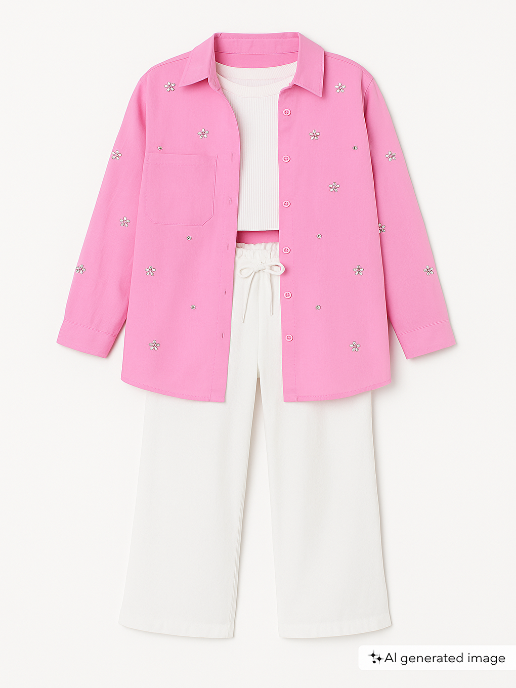 Pembe Kız Çocuk Croplu Taşlı Gömlek ve Pantolonlu 3'lü Takım 20470-1