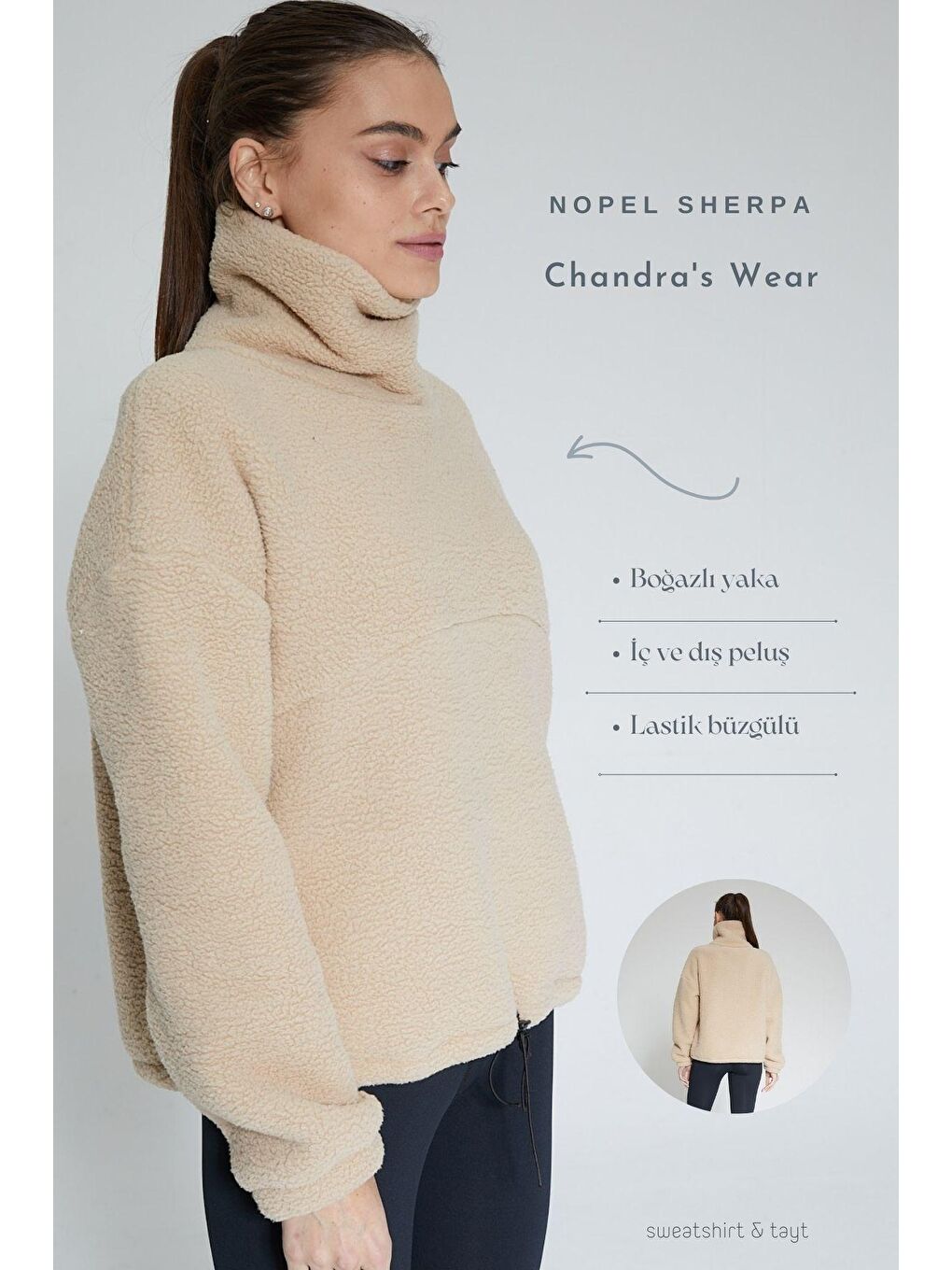 Chandraswear Bej Kadın Boğazlı Sherpa Peluş Sweatshirt - Rope - 2