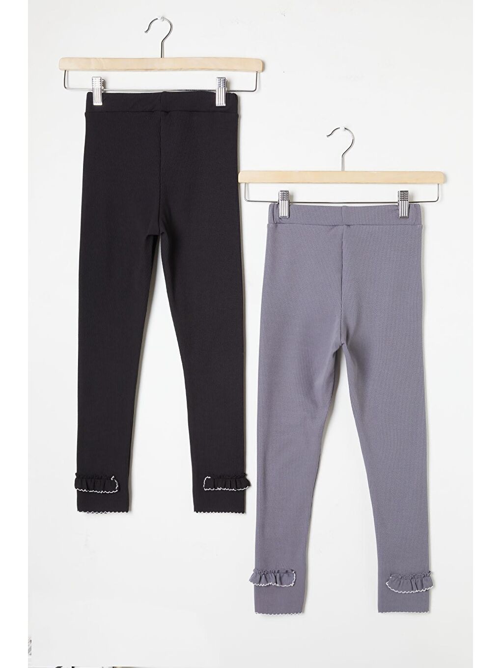 Kız Çocuk Fitilli Fırfırlı 2li Tayt Siyah-Gri 16364-3