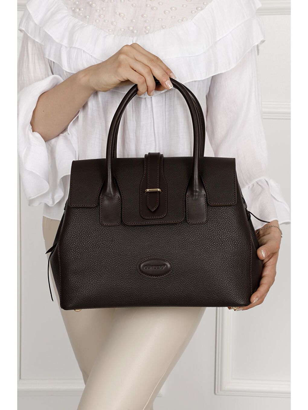 Kahverengi Platinum Hakiki Deri Büyük Boy Kadın Omuz Ve El Çantası B8384