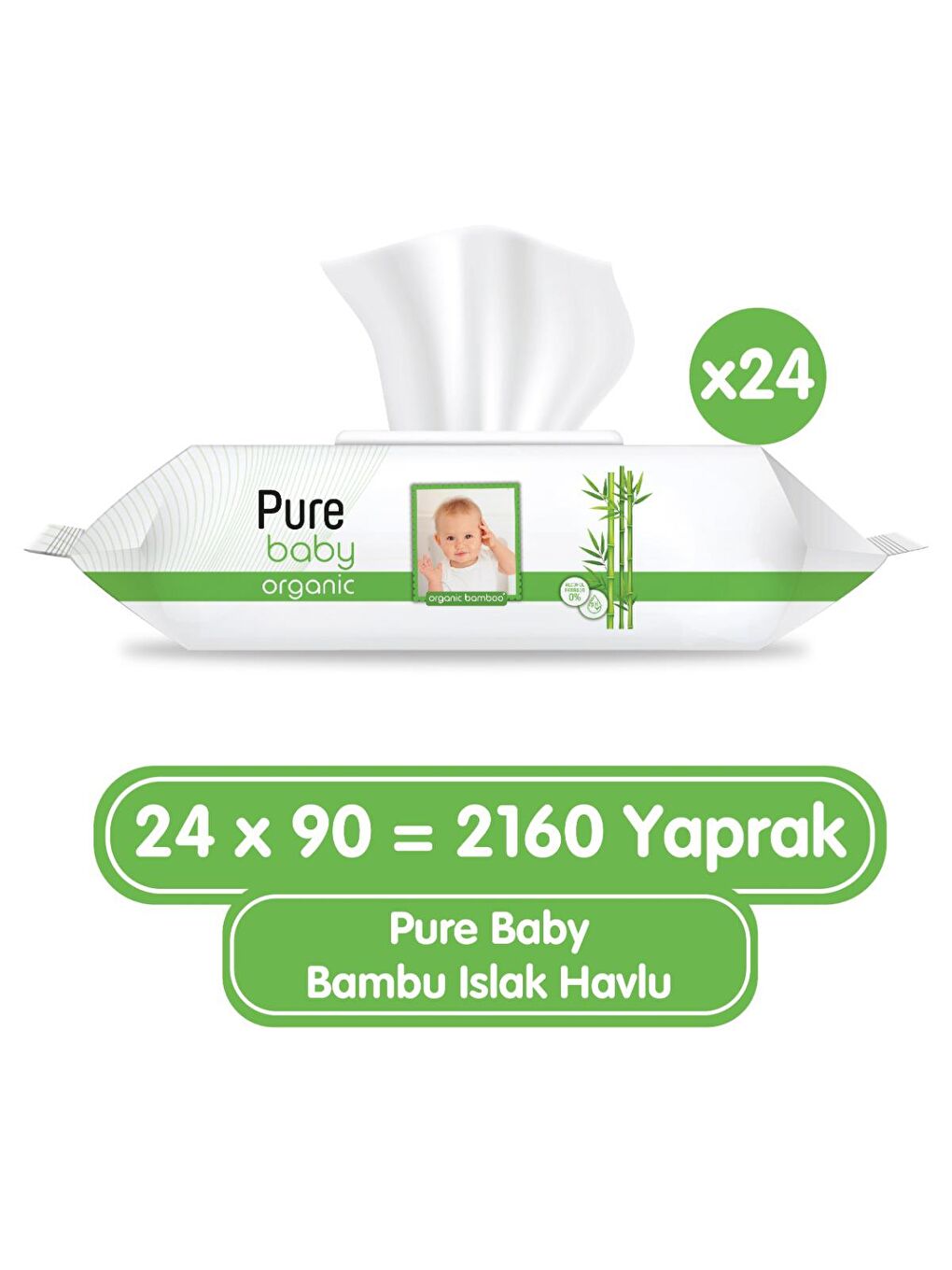 Pure Baby Renksiz Organik Bambu Özlü Islak Havlu 24×90 (2160 Yaprak)