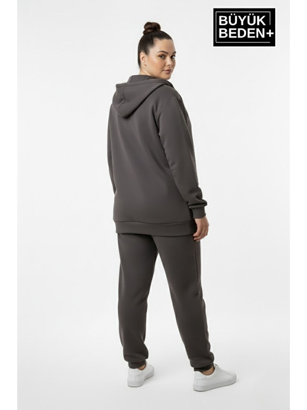 Gri Kadın Büyük Beden Kapüşonlu Fermuarlı N Baskılı Sweatshirt Hırka SPR26BHRK922-1