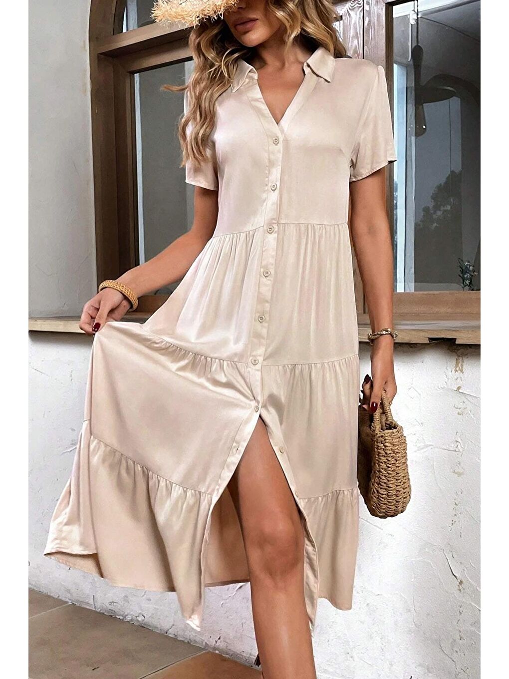 Bej Gömlek Yaka Uzun Elbise Mg1853