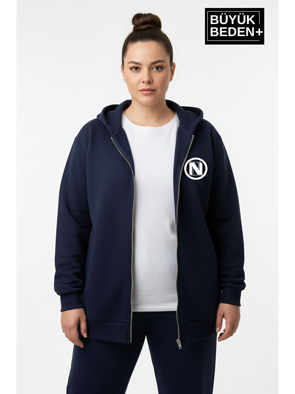 Lacivert Kadın Büyük Beden Kapüşonlu Fermuarlı N Baskılı Sweatshirt Hırka SPR26BHRK922