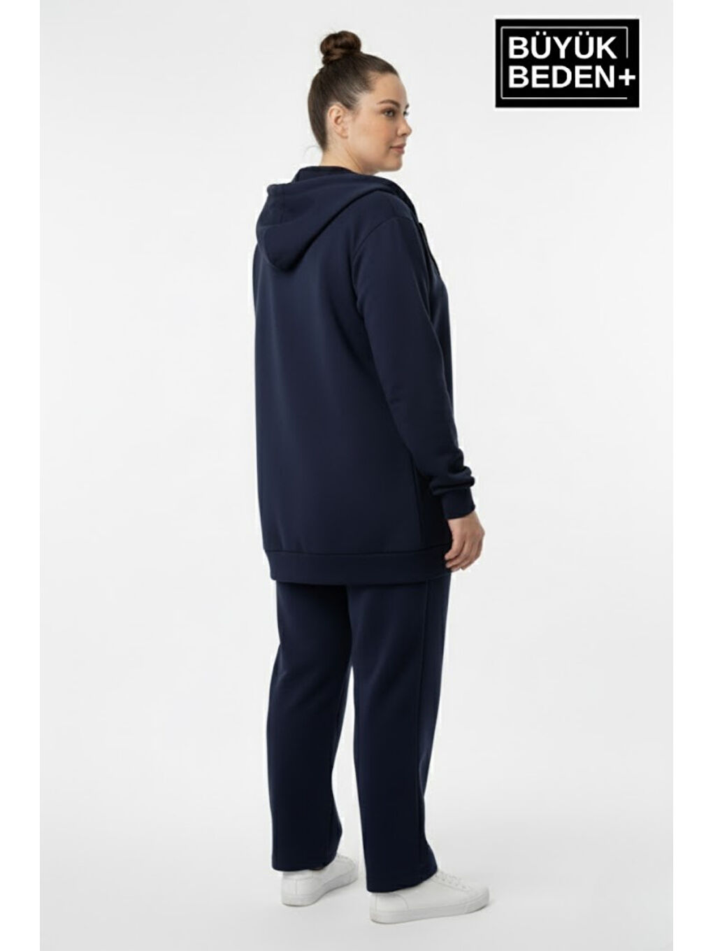 Lacivert Kadın Büyük Beden Kapüşonlu Fermuarlı N Baskılı Sweatshirt Hırka SPR26BHRK922-1