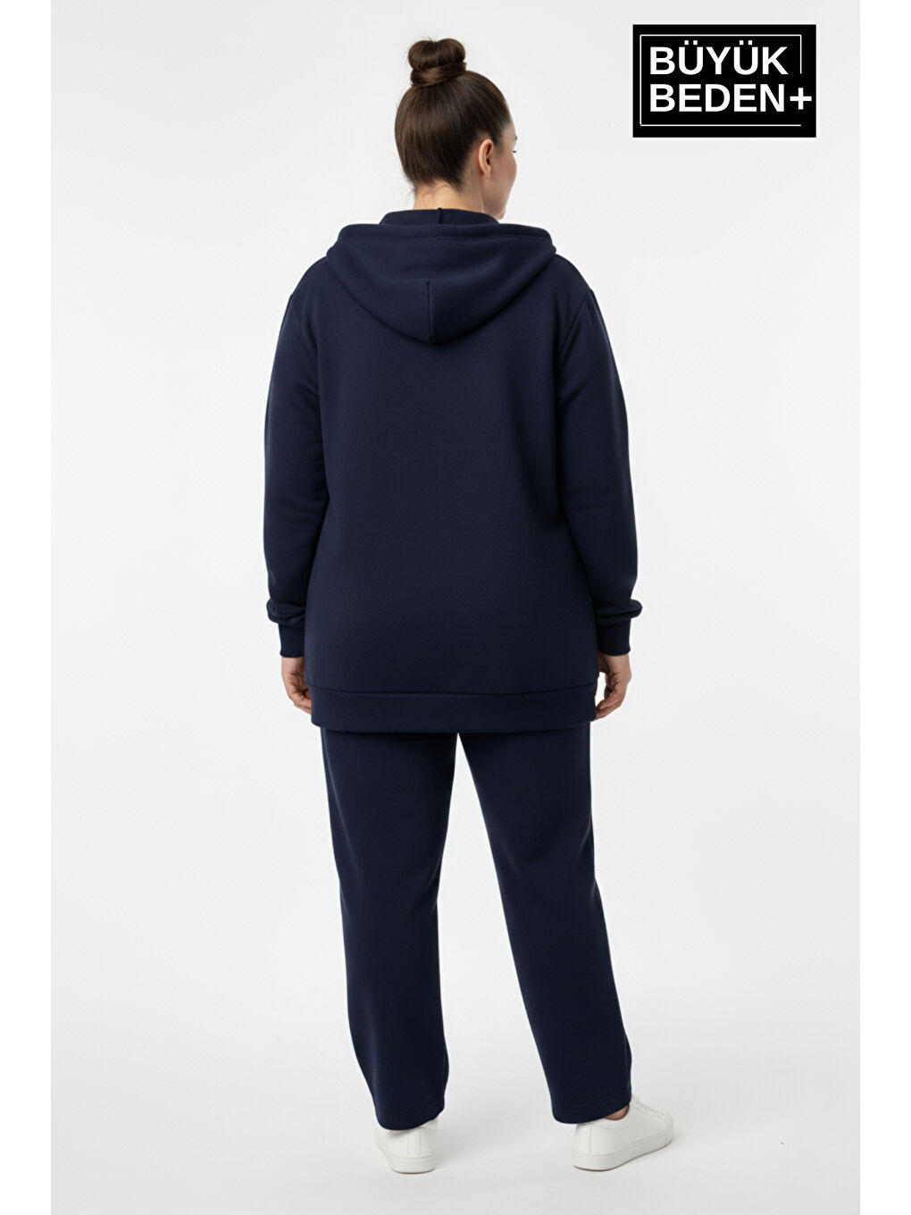 Lacivert Kadın Büyük Beden Kapüşonlu Fermuarlı N Baskılı Sweatshirt Hırka SPR26BHRK922-2