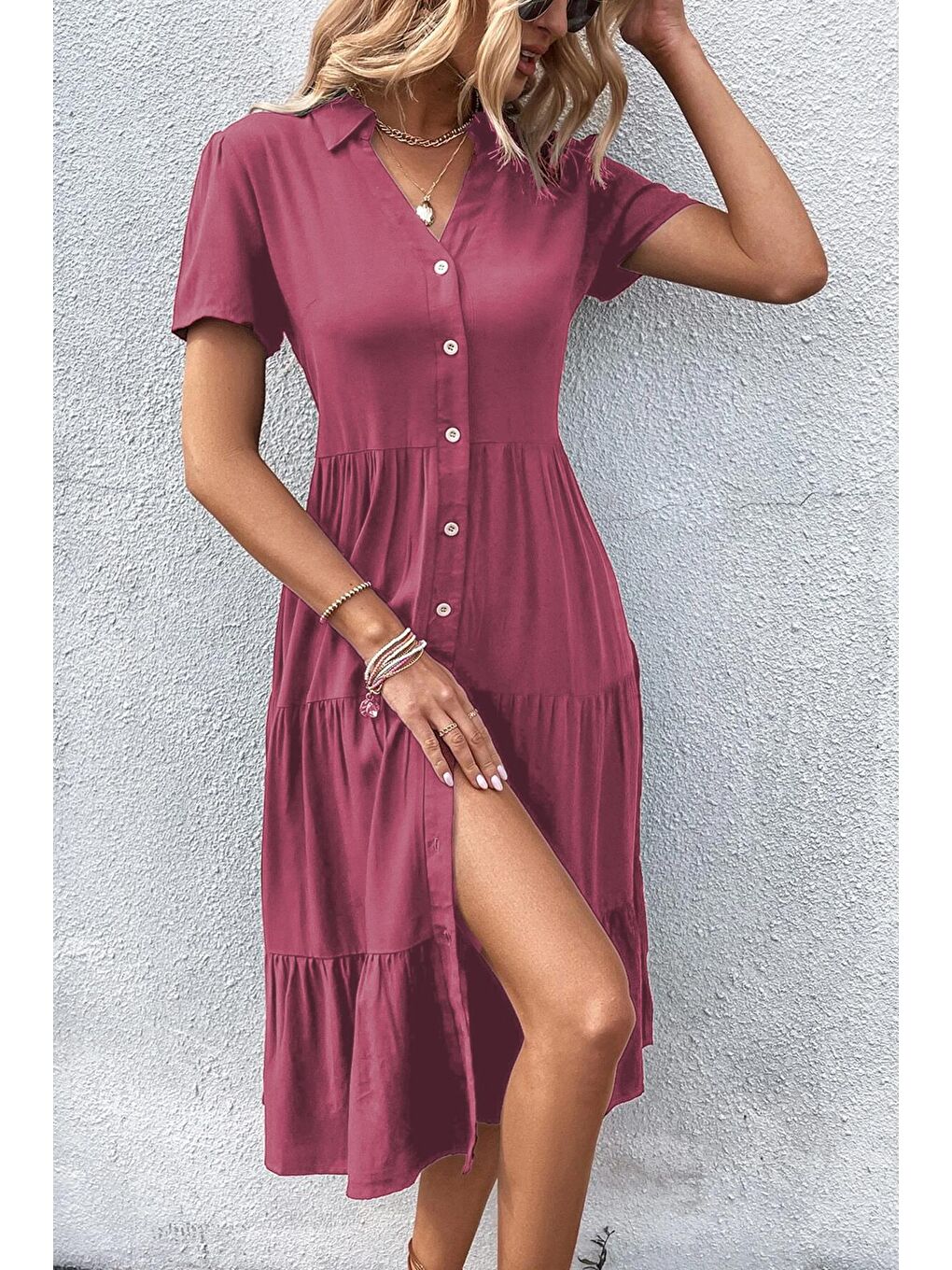 Bordo Gömlek Yaka Uzun Elbise Mg1853-1