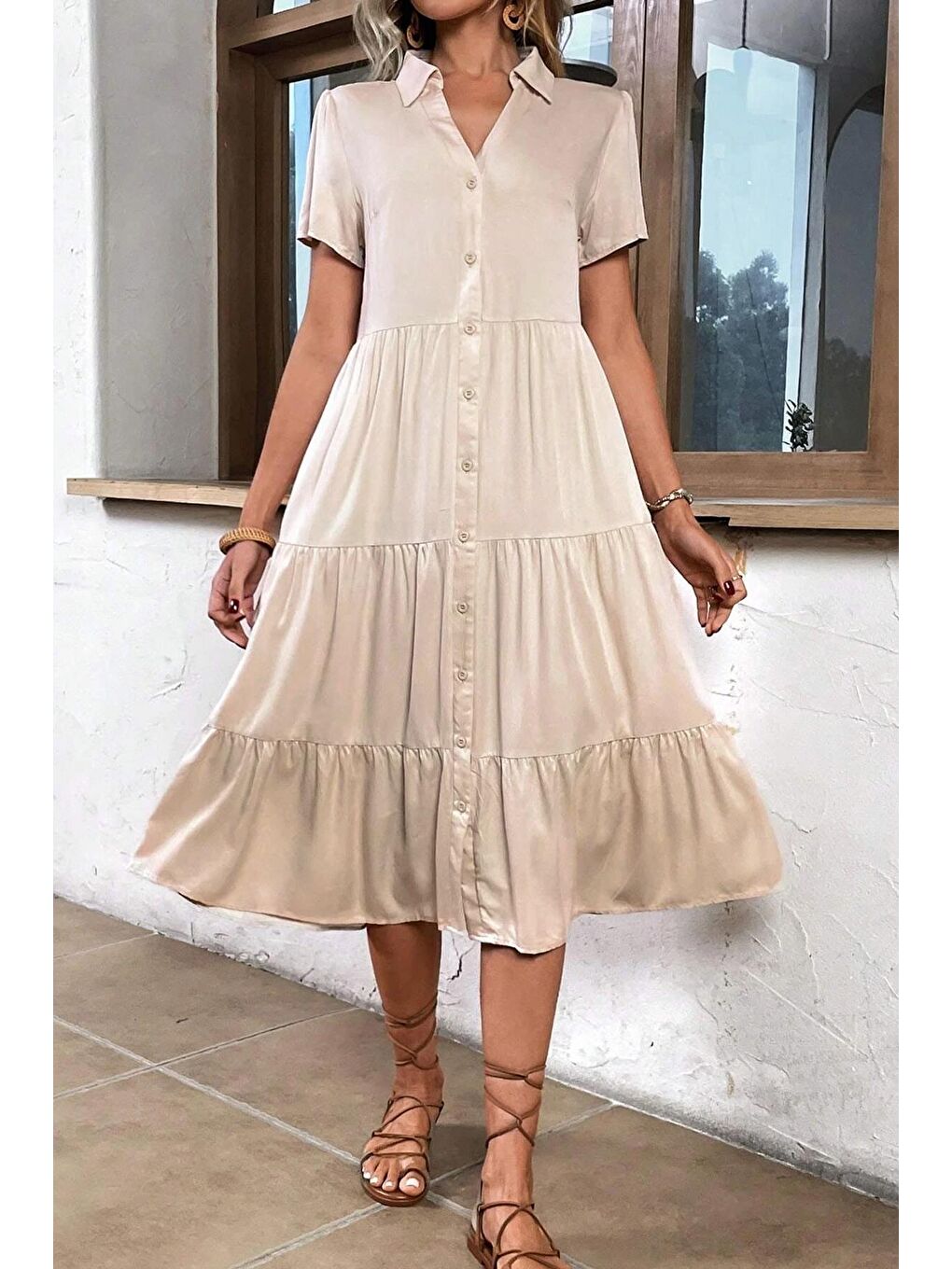 Bej Gömlek Yaka Uzun Elbise Mg1853-2