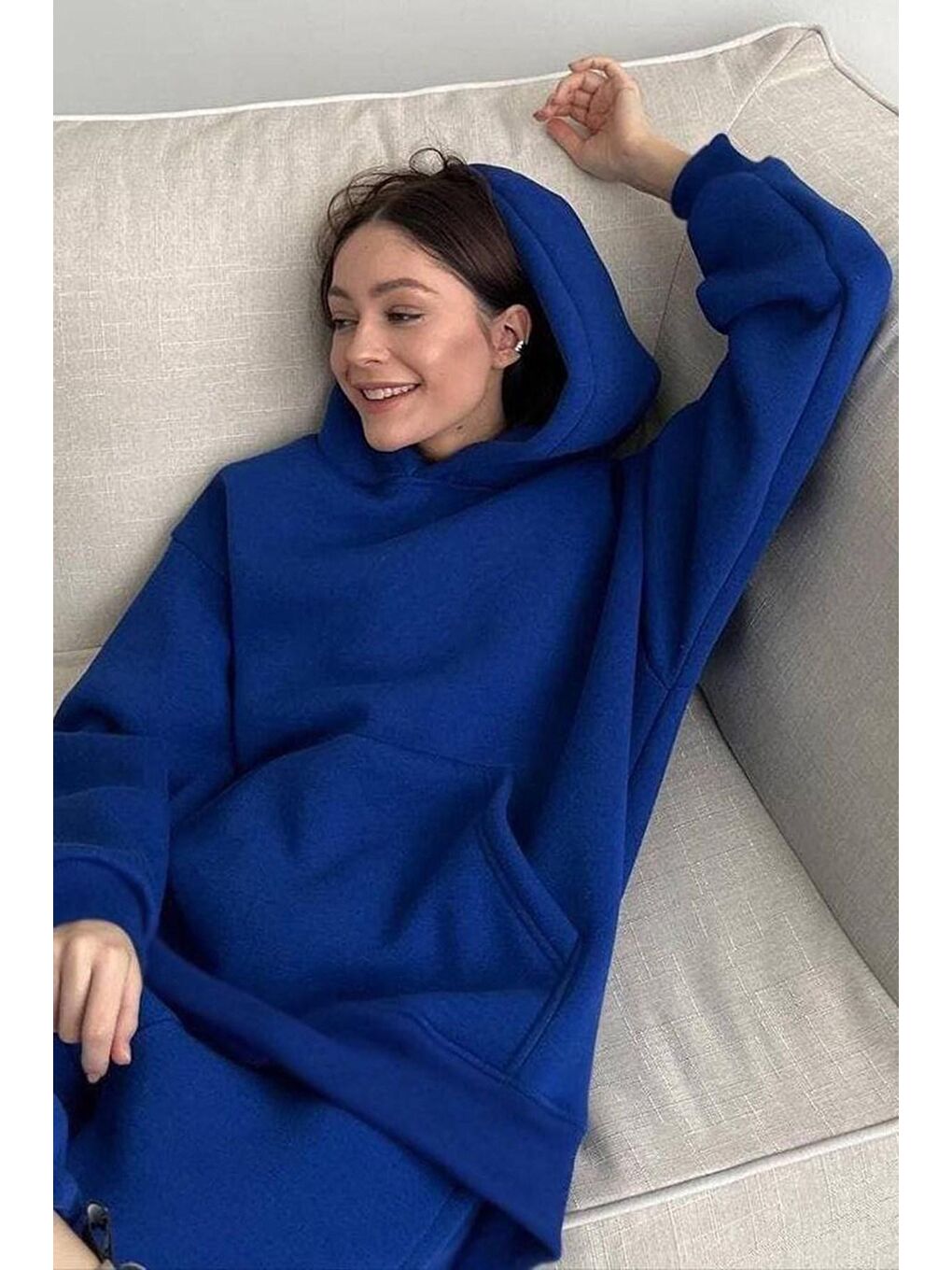 Mavi Saks Kapüşonlu Oversize Kadın Eşofman Takımı Mg1609-1