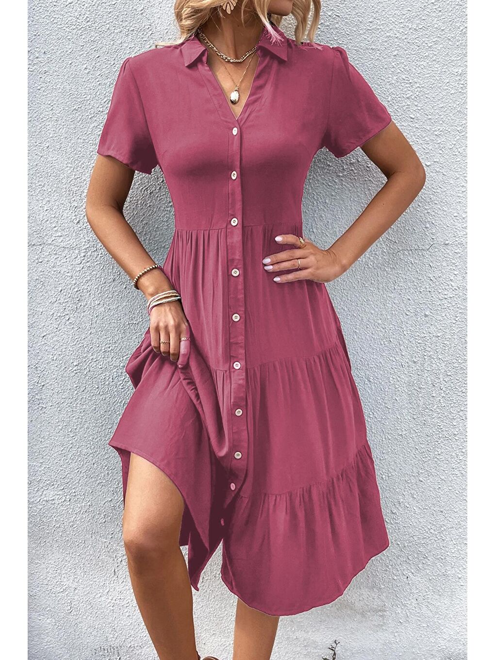 Bordo Gömlek Yaka Uzun Elbise Mg1853-2