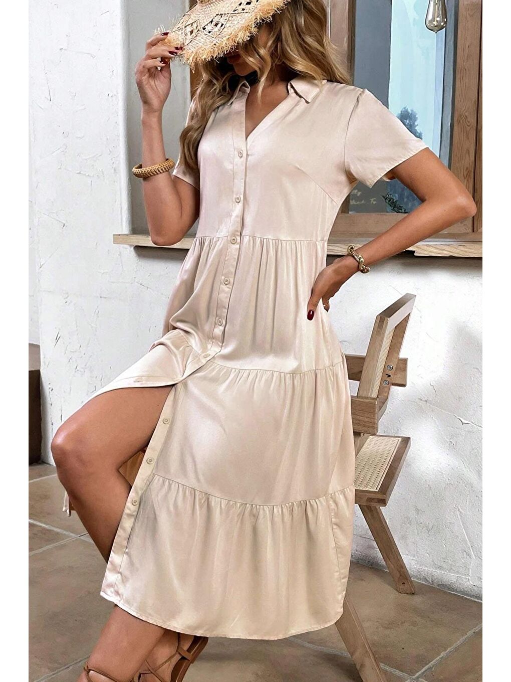 Bej Gömlek Yaka Uzun Elbise Mg1853-4