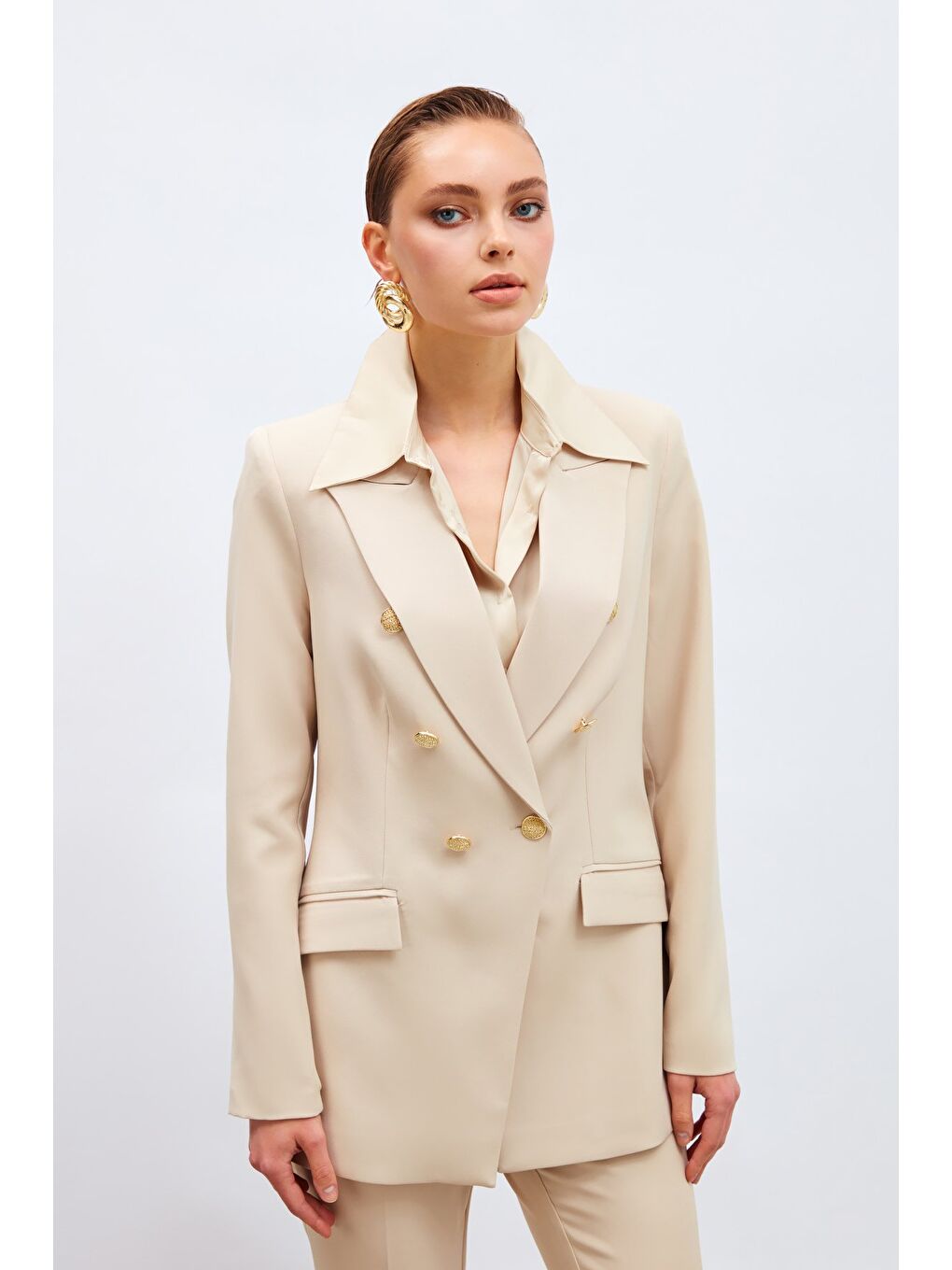 Düğmeli Blazer Ceket - Bej
