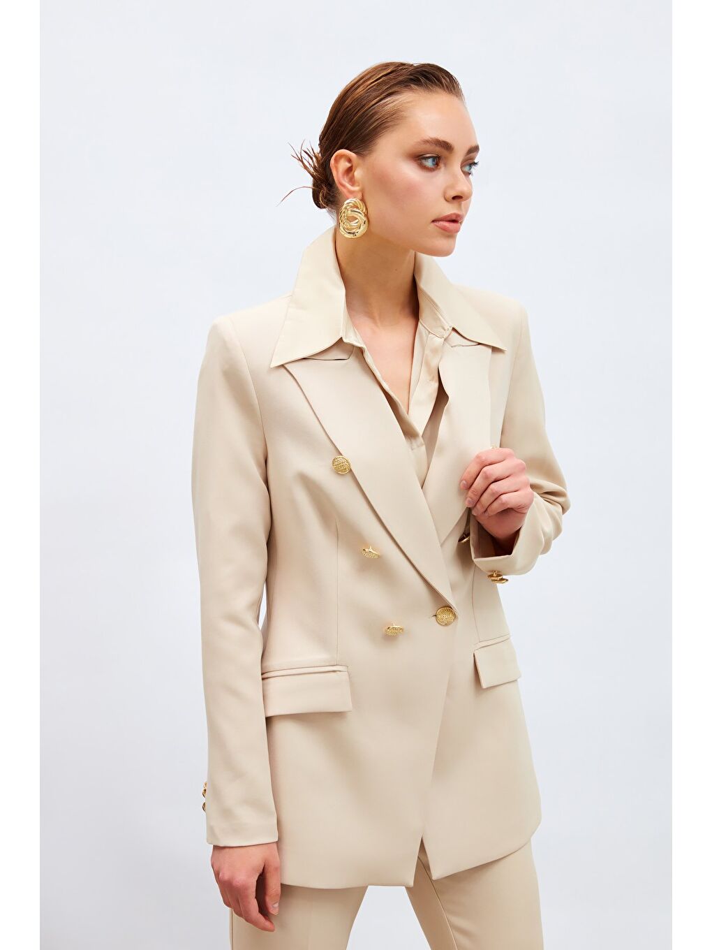 Düğmeli Blazer Ceket - Bej-1