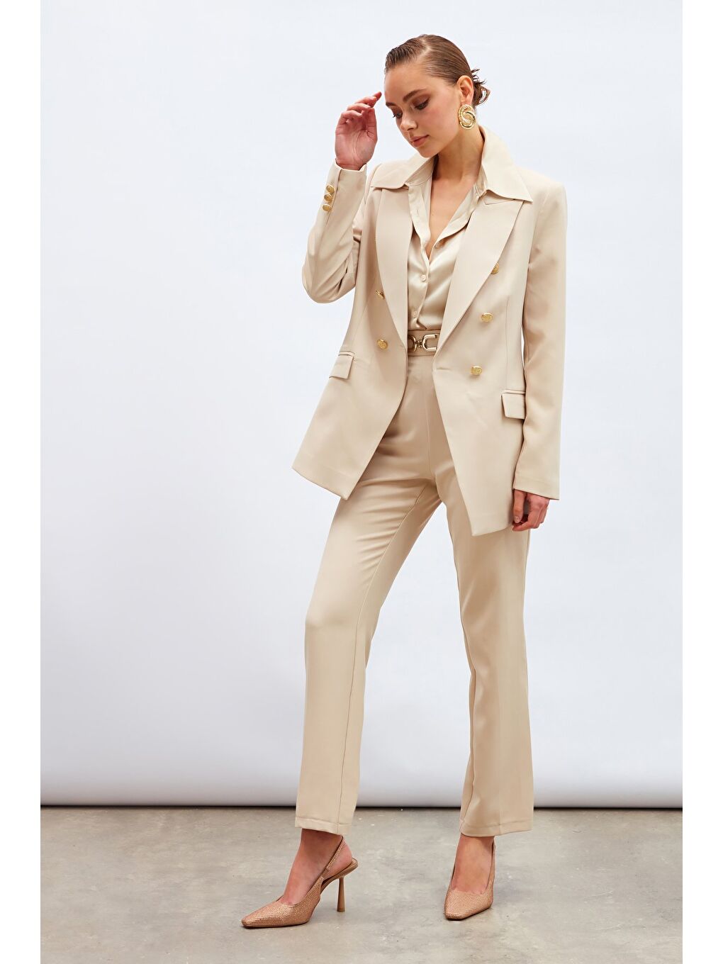 Düğmeli Blazer Ceket - Bej-2