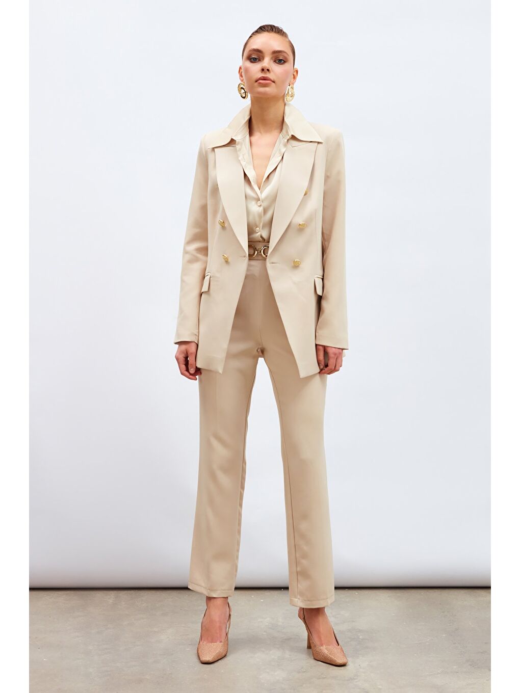 Düğmeli Blazer Ceket - Bej-3
