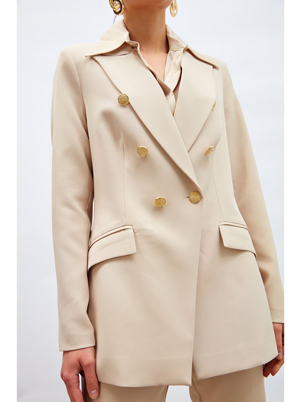 Düğmeli Blazer Ceket - Bej-4