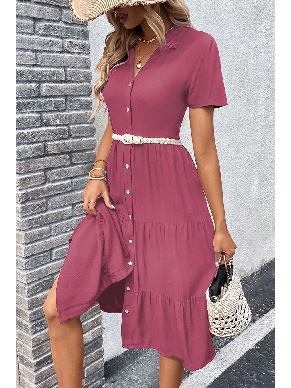 Bordo Gömlek Yaka Uzun Elbise Mg1853-3