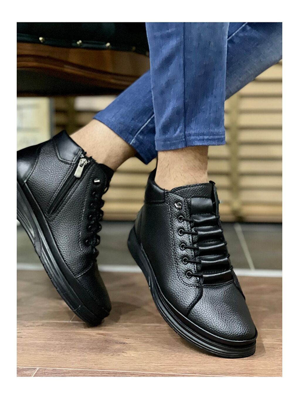 Siyah VİCTR Garantili Erkek Kışlık Bağcıklı Fermuarlı Bot-1