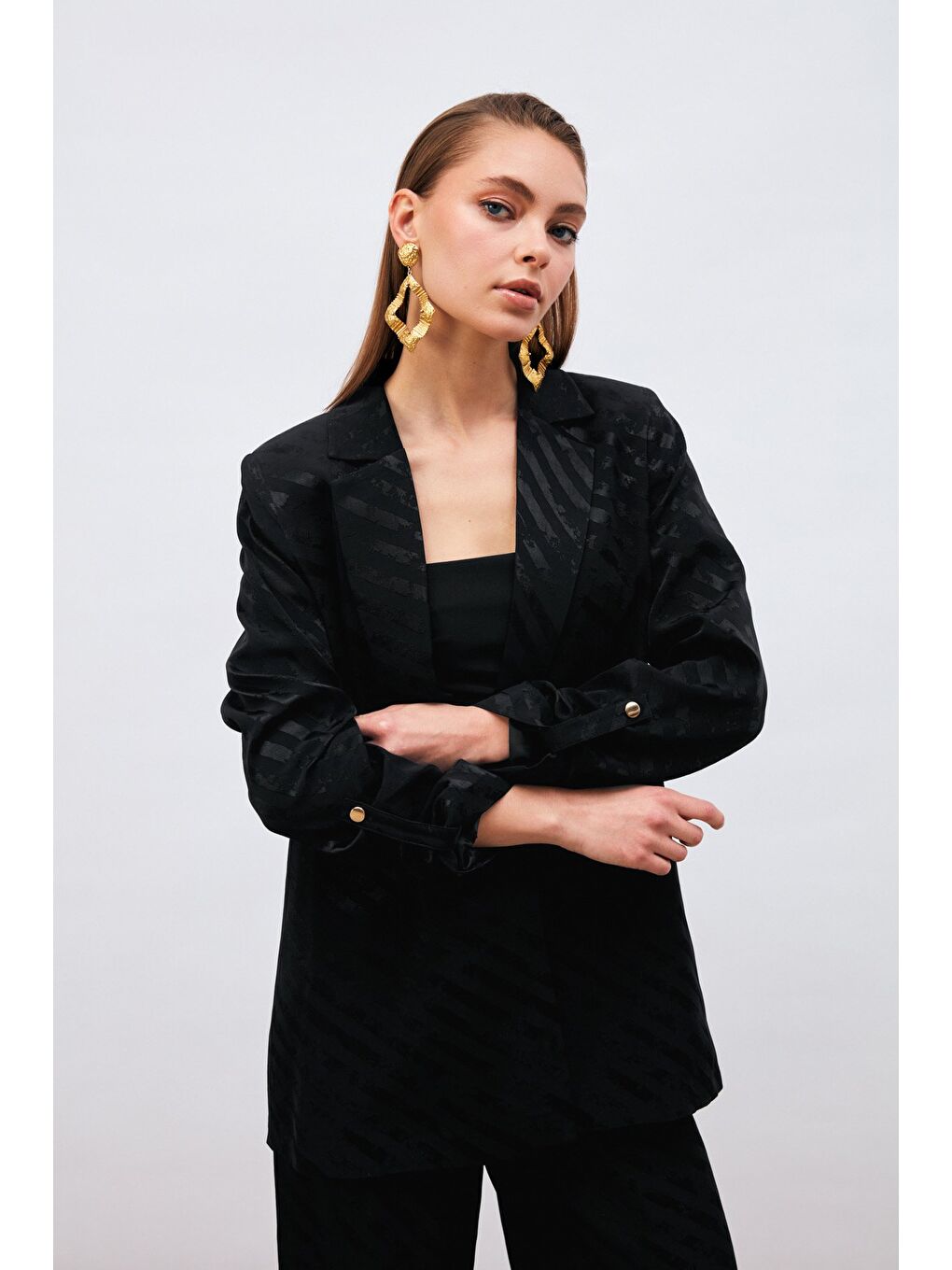 Kol Detaylı Desenli Salaş Ceket - Siyah-2