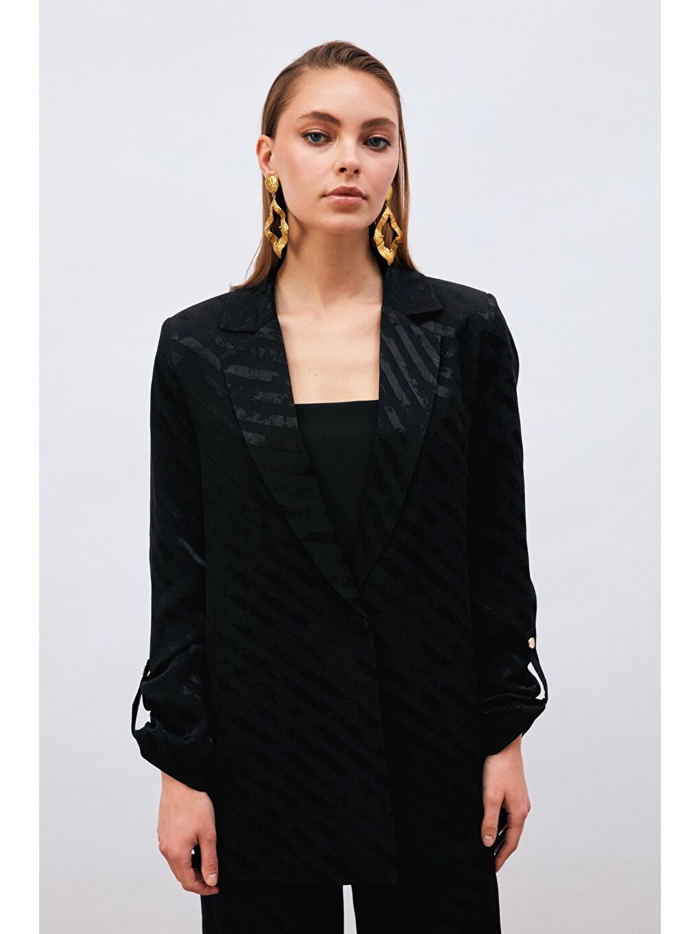 Kol Detaylı Desenli Salaş Ceket - Siyah-3