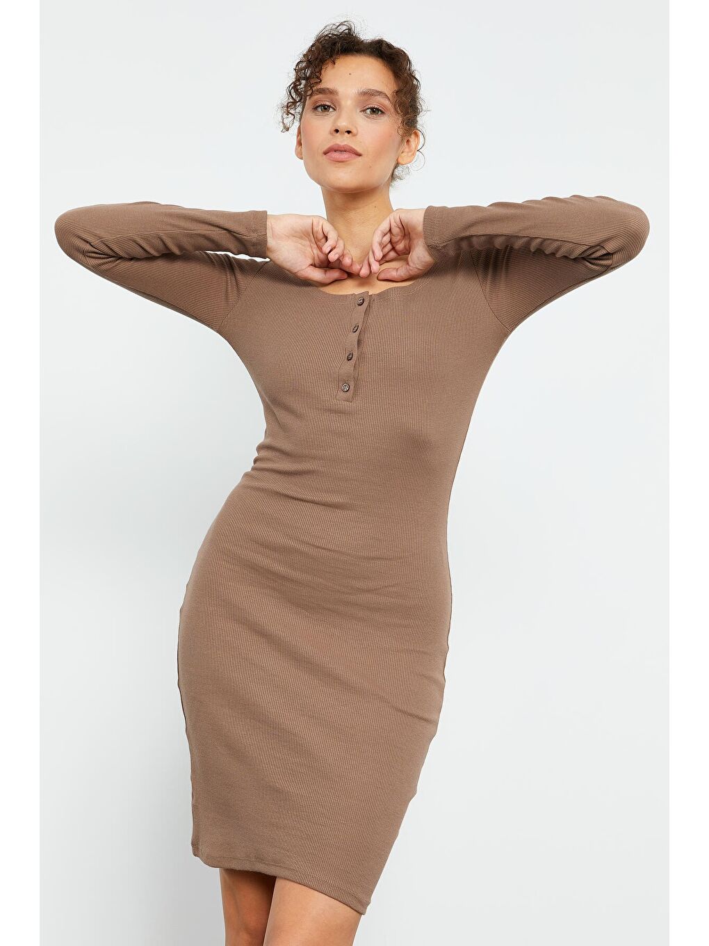 Bej Kaşkorse Triko Dar Kalıp Patlı Yaka Kadın Elbise - 97116-1