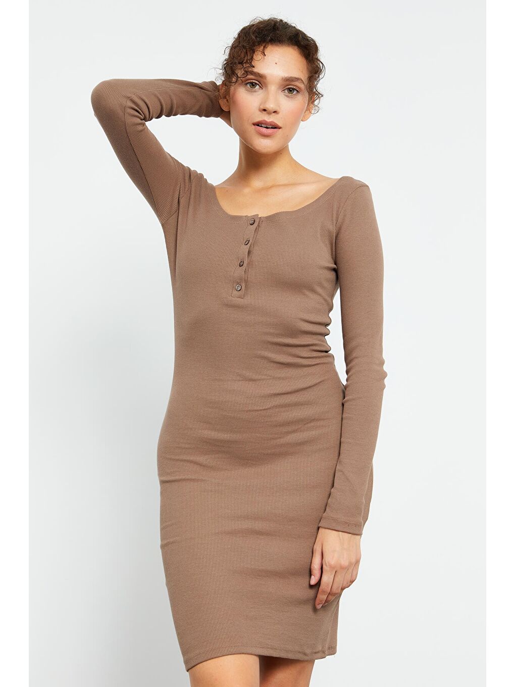 Bej Kaşkorse Triko Dar Kalıp Patlı Yaka Kadın Elbise - 97116-3