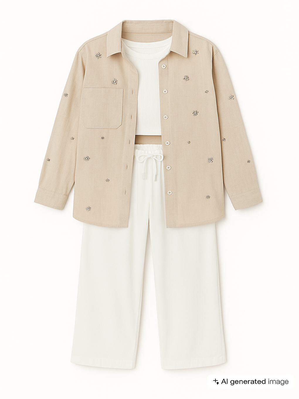 Bej Kız Çocuk Croplu Taşlı Gömlek ve Pantolonlu 3'lü Takım 20467-1