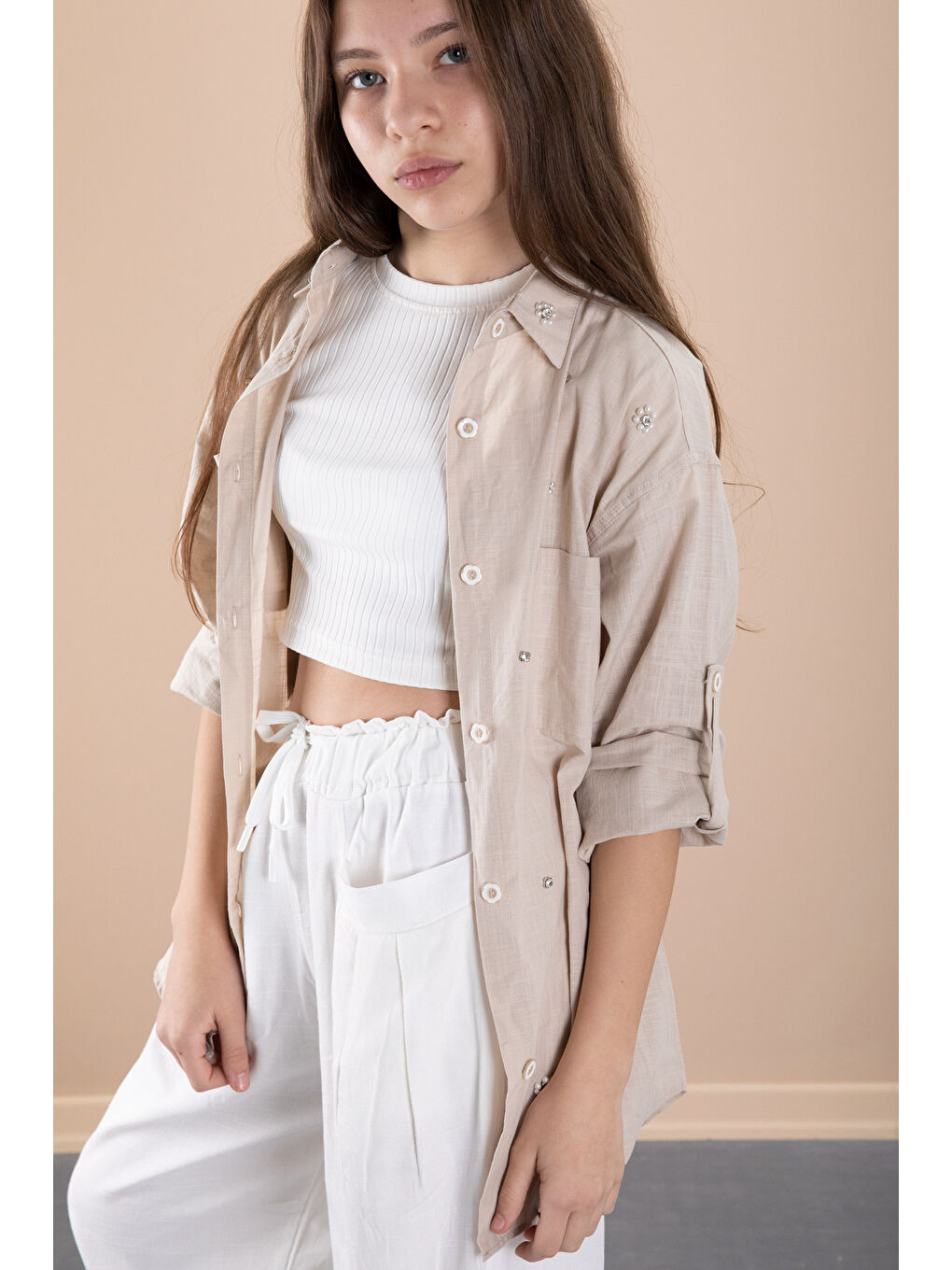 Bej Kız Çocuk Croplu Taşlı Gömlek ve Pantolonlu 3'lü Takım 20467-2