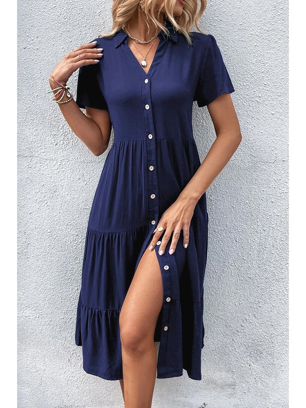 Lacivert Gömlek Yaka Uzun Elbise Mg1853