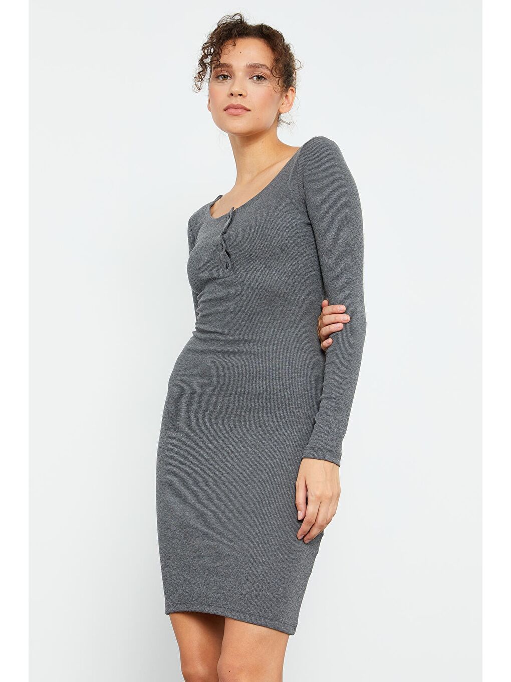 Antrasit Melanj Kaşkorse Triko Dar Kalıp Patlı Yaka Kadın Elbise - 97116-1