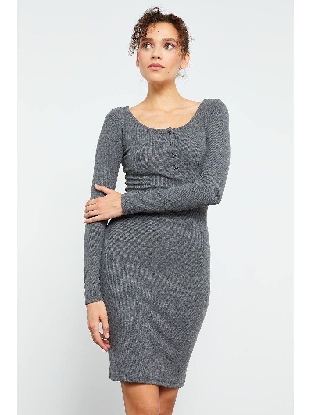 Antrasit Melanj Kaşkorse Triko Dar Kalıp Patlı Yaka Kadın Elbise - 97116-3