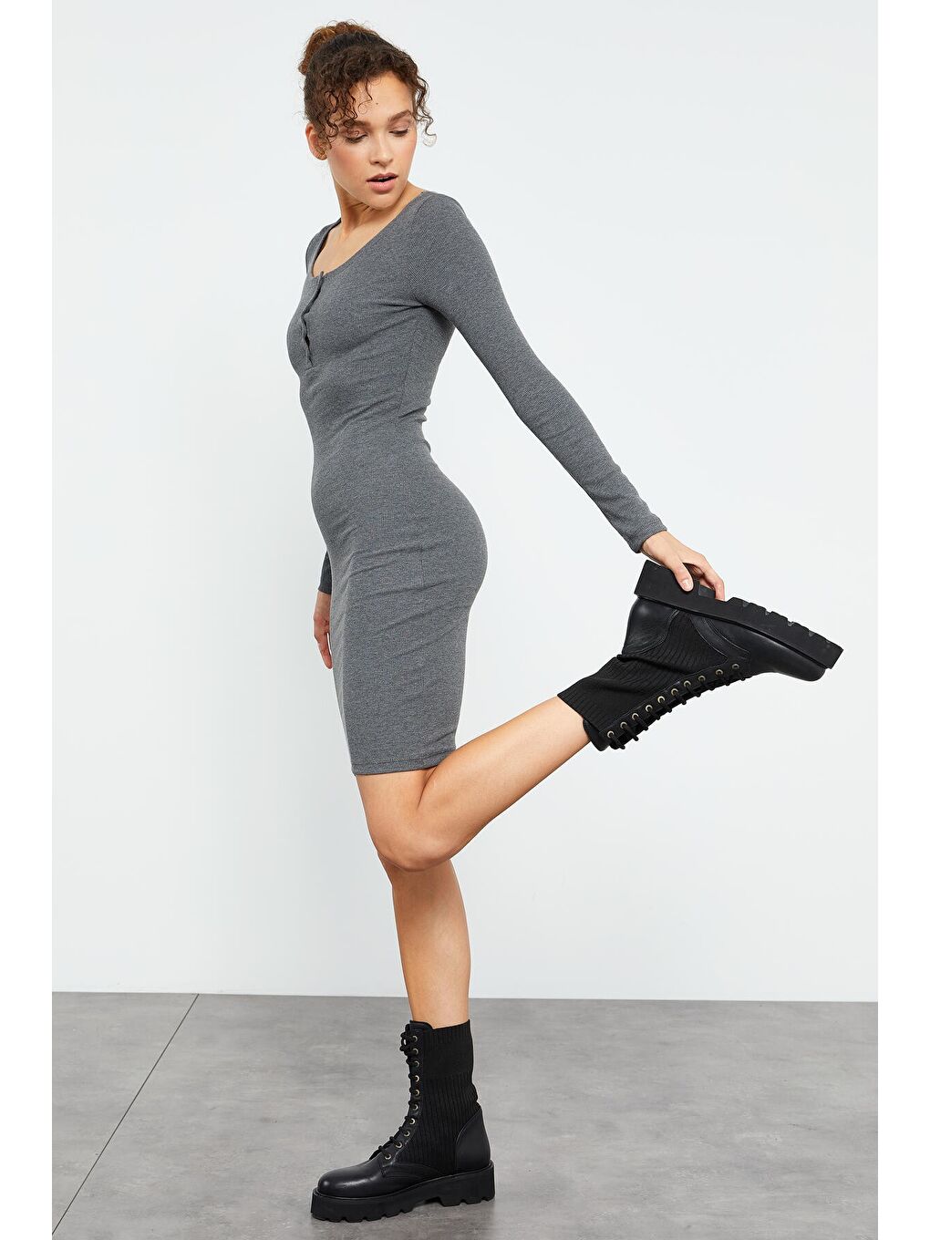 Antrasit Melanj Kaşkorse Triko Dar Kalıp Patlı Yaka Kadın Elbise - 97116-4
