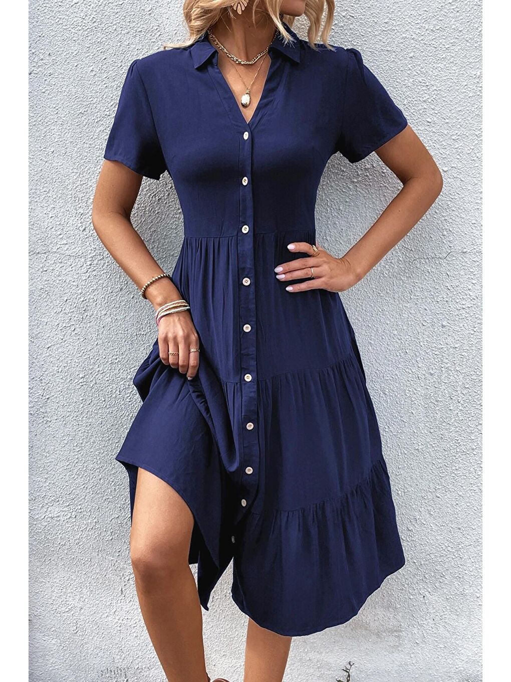 Lacivert Gömlek Yaka Uzun Elbise Mg1853-1