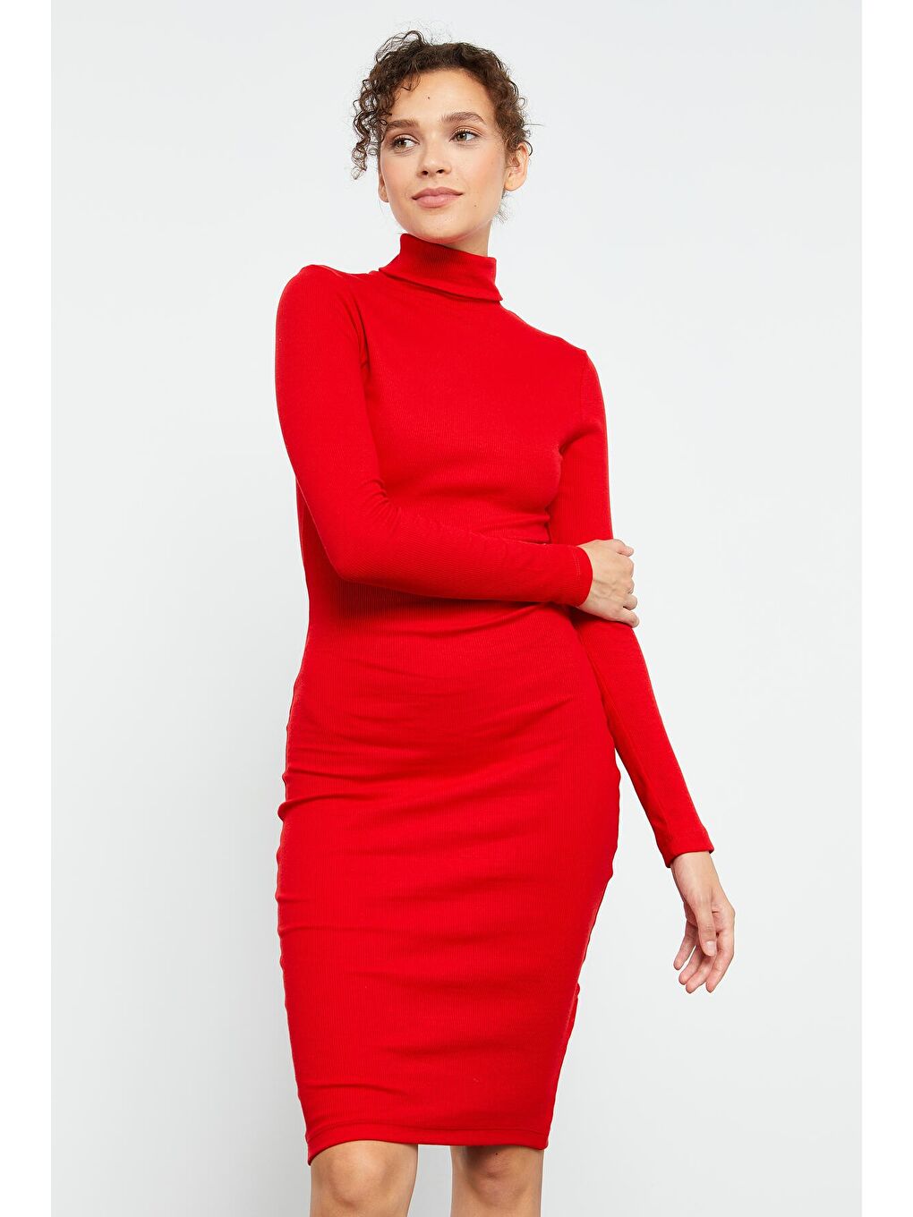 Kırmızı Kaşkorse Triko Dar Kalıp Balıkçı Yaka Kadın Elbise - 97117-2