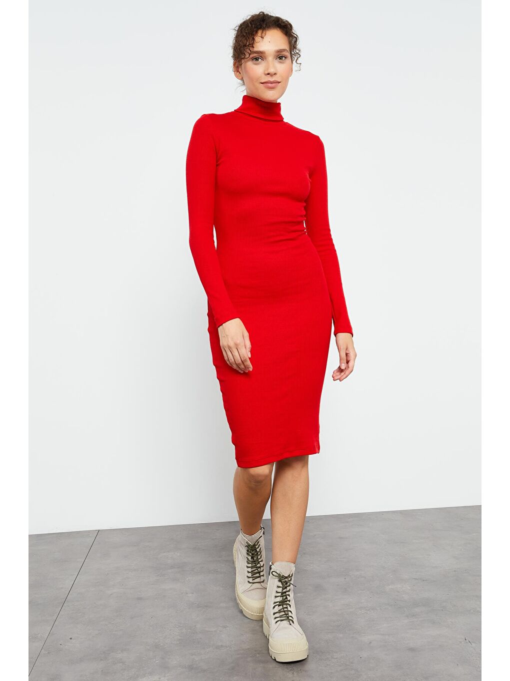 Kırmızı Kaşkorse Triko Dar Kalıp Balıkçı Yaka Kadın Elbise - 97117-3