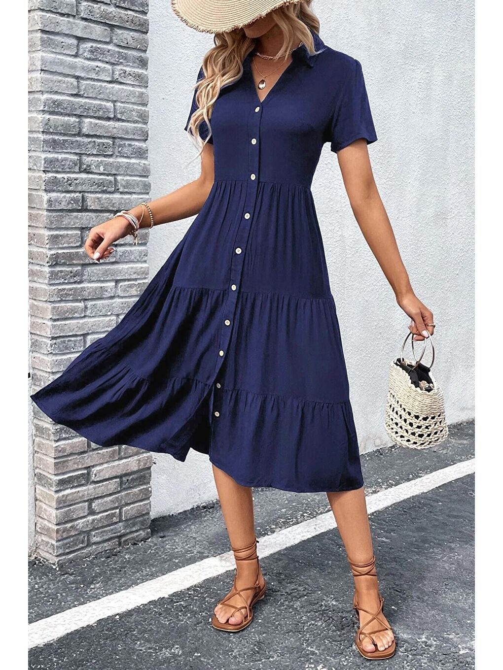 Lacivert Gömlek Yaka Uzun Elbise Mg1853-2