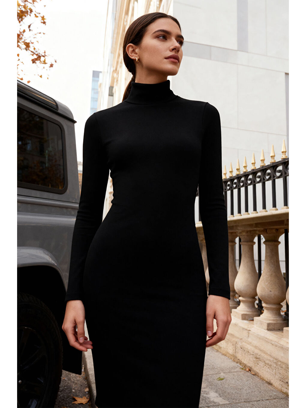 Siyah Kaşkorse Triko Dar Kalıp Balıkçı Yaka Kadın Elbise - 97117