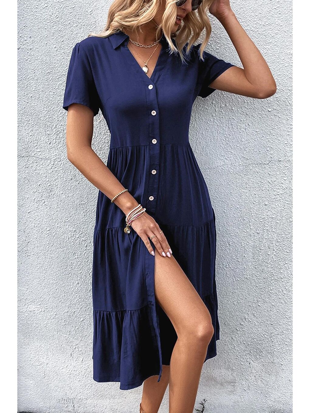 Lacivert Gömlek Yaka Uzun Elbise Mg1853-3