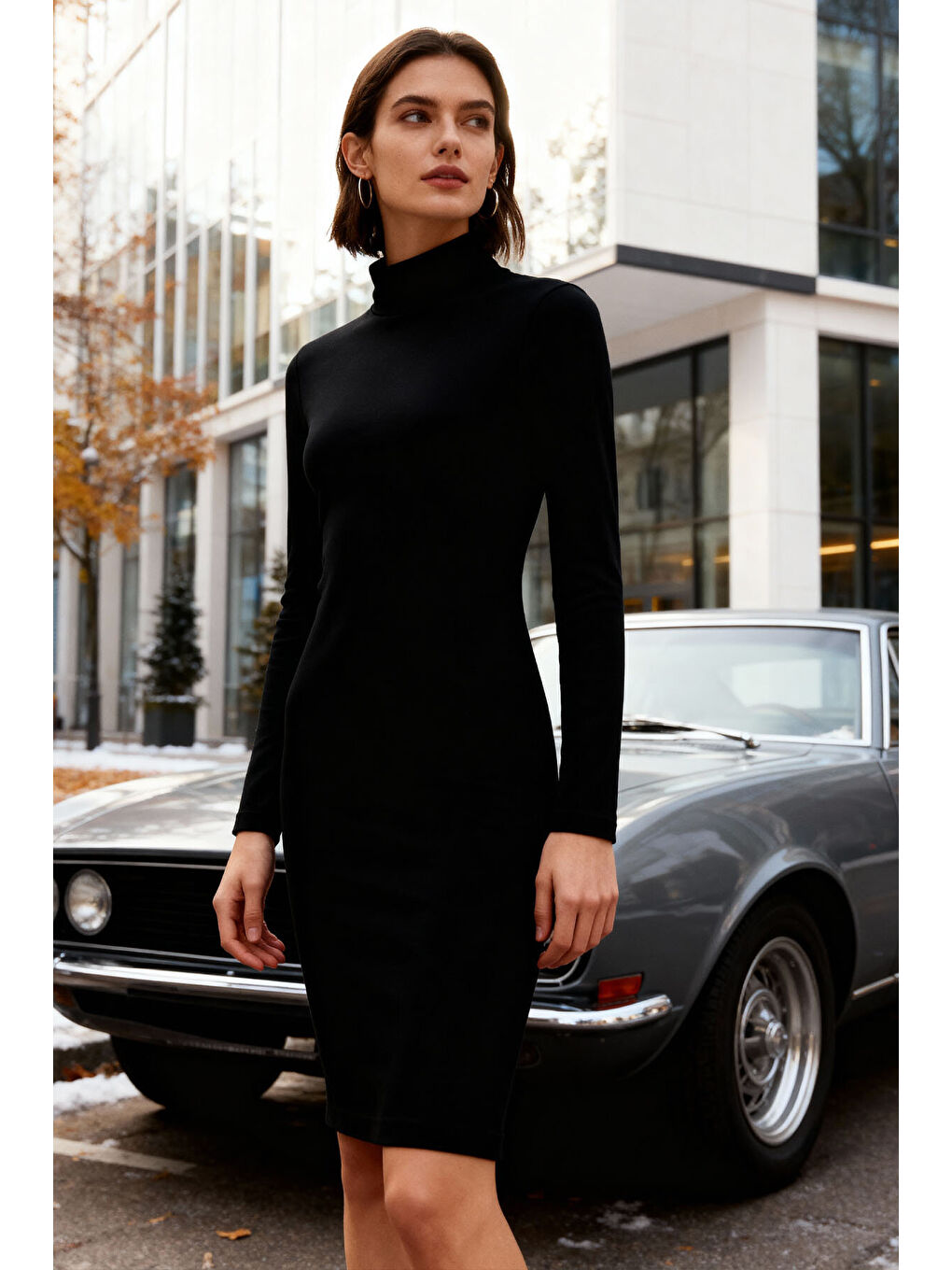 Siyah Kaşkorse Triko Dar Kalıp Balıkçı Yaka Kadın Elbise - 97117-3