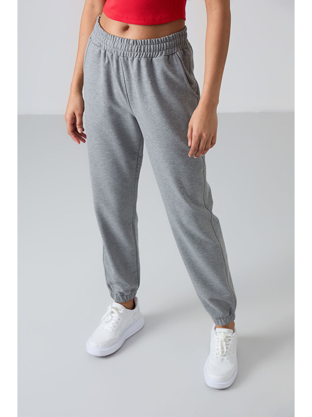 Gri Melanj Cepli Yüksek Bel Rahat Form Lastik Paça Kadın Eşofman Alt - 94583-3