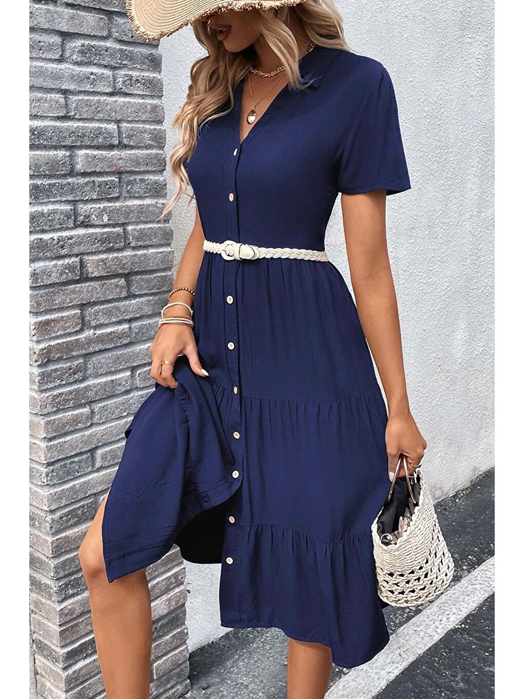 Lacivert Gömlek Yaka Uzun Elbise Mg1853-4