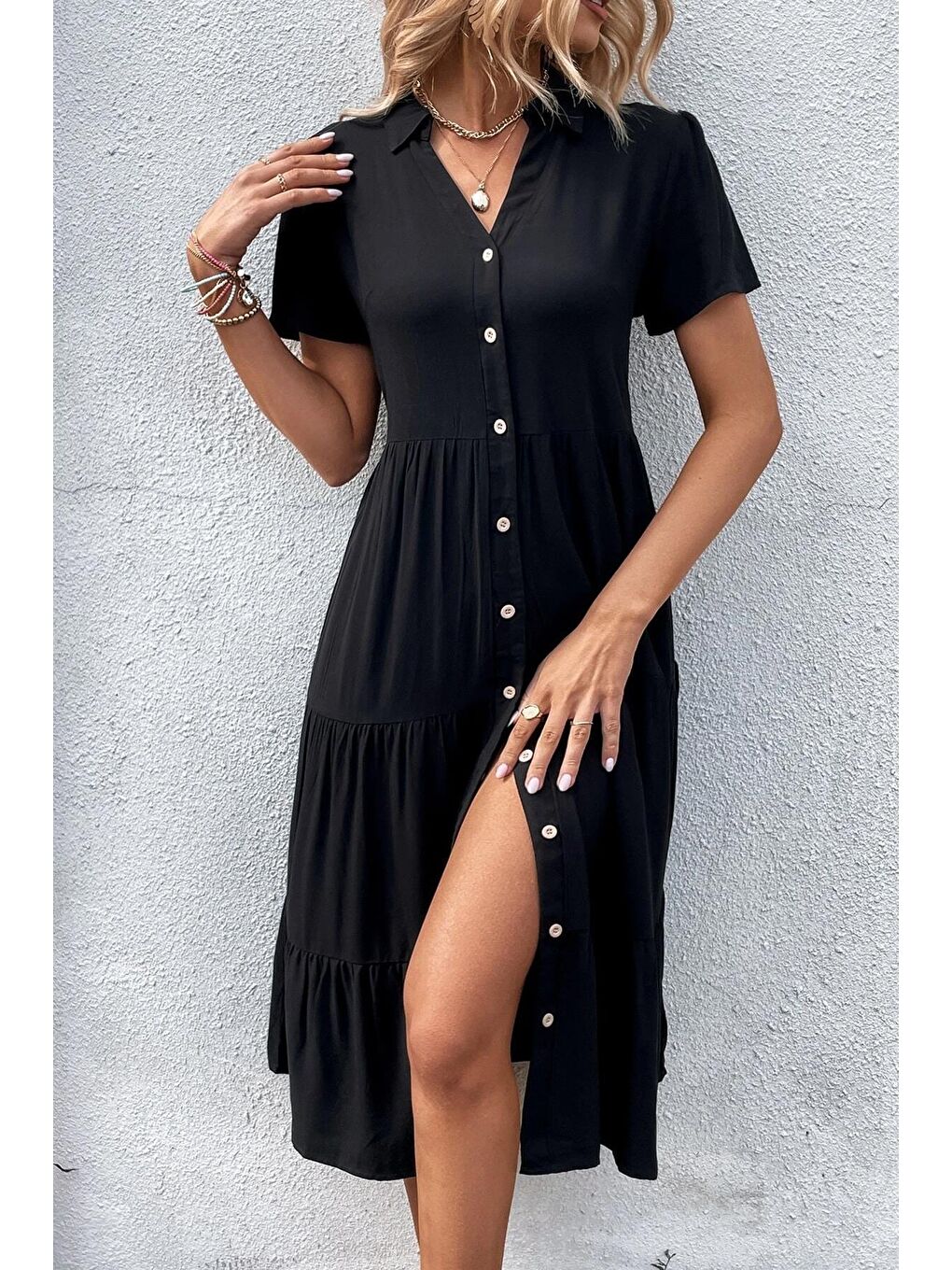 Siyah Gömlek Yaka Uzun Elbise Mg1853