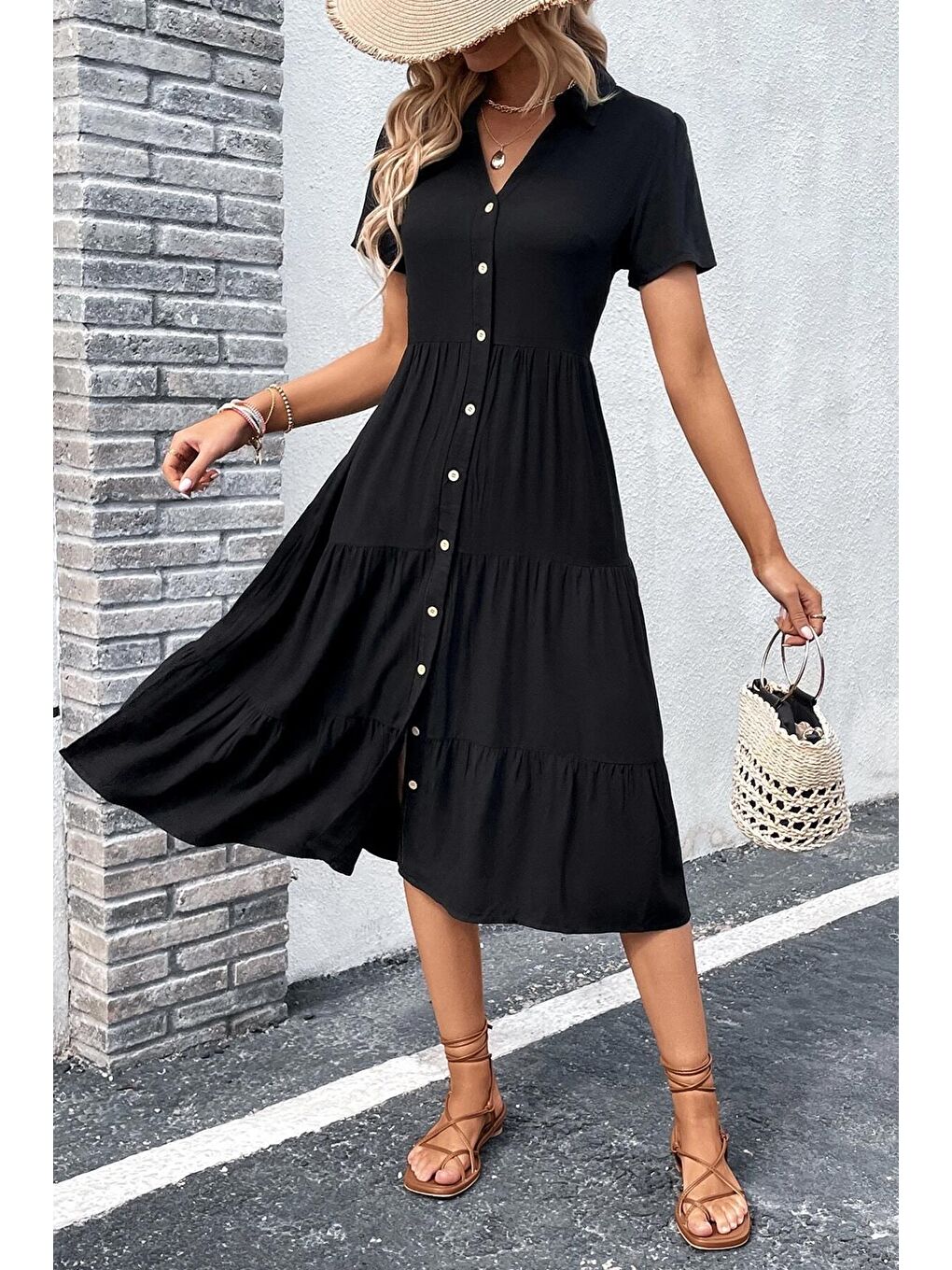 Siyah Gömlek Yaka Uzun Elbise Mg1853-1